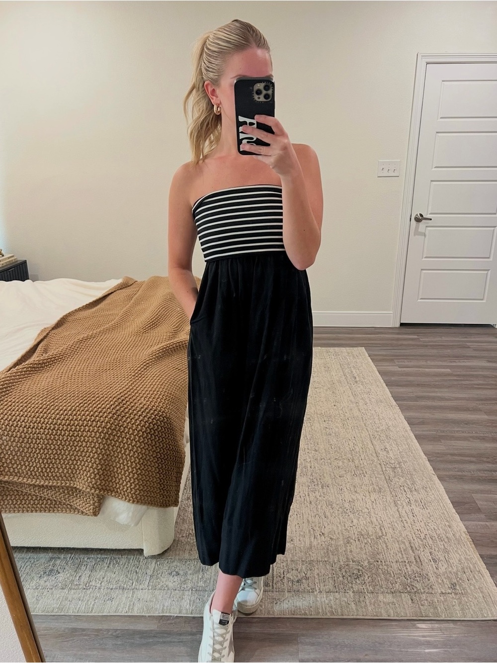 American Threads Black Strapless Maxi Dress with Striped Bodice